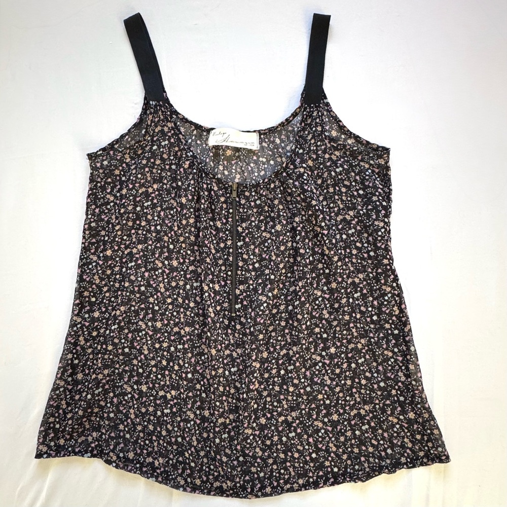 Lightweight Vintage Havana Black Ditsy Floral Tank Top with Zipper, Size Medium